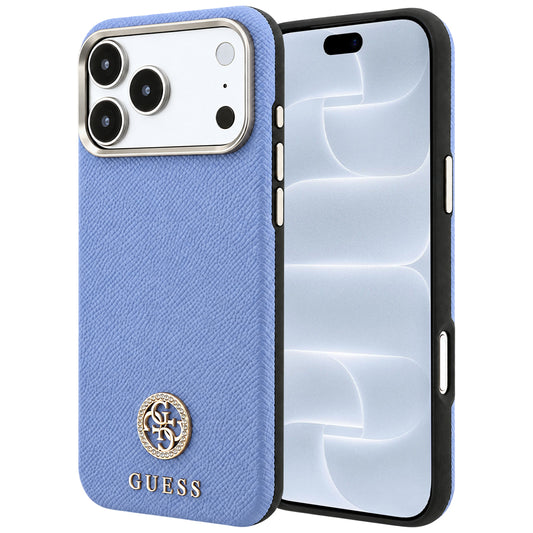 Калъф MagSafe за Apple iPhone 18 Pro / 17 Pro, Guess, Зърнест Кръгъл Лого с Кристали, Син