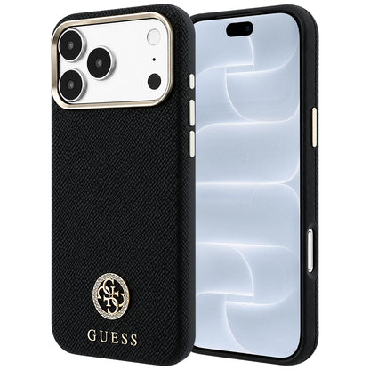 Калъф MagSafe за Apple iPhone 18 Pro / 17 Pro, Guess, зърнест кръгъл логотип с кристали, черен