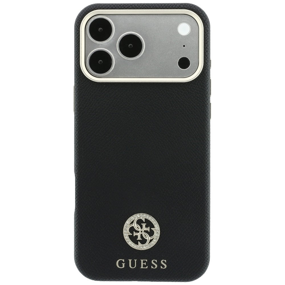 Калъф MagSafe за Apple iPhone 18 Pro / 17 Pro, Guess, зърнест кръгъл логотип с кристали, черен