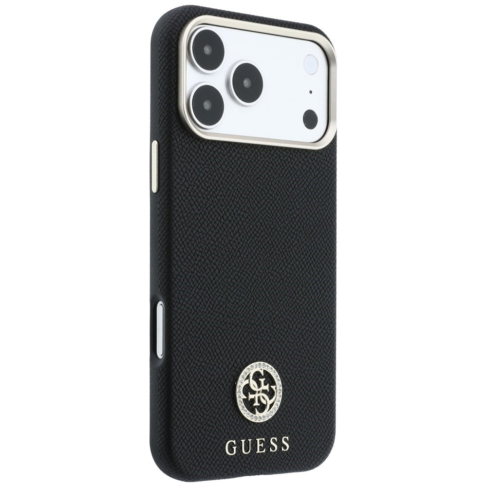 Калъф MagSafe за Apple iPhone 18 Pro / 17 Pro, Guess, зърнест кръгъл логотип с кристали, черен