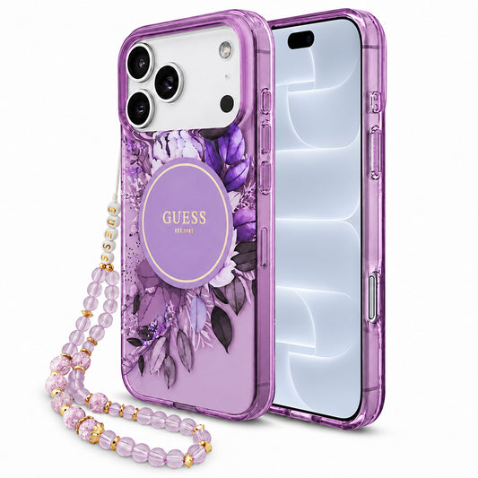 Калъф MagSafe за Apple iPhone 18 Pro / 17 Pro, Guess, IML Flowers with Pearl Strap, лилав
