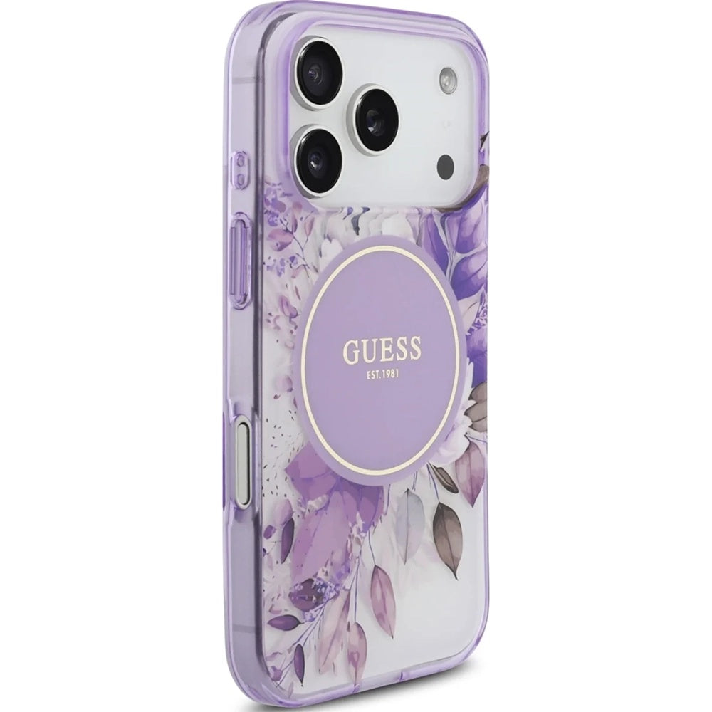 Калъф MagSafe за Apple iPhone 18 Pro / 17 Pro, Guess, IML Flowers with Pearl Strap, лилав
