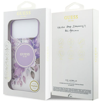 Калъф MagSafe за Apple iPhone 18 Pro / 17 Pro, Guess, IML Flowers with Pearl Strap, лилав
