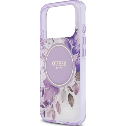 Калъф MagSafe за Apple iPhone 18 Pro / 17 Pro, Guess, IML Flowers with Pearl Strap, лилав
