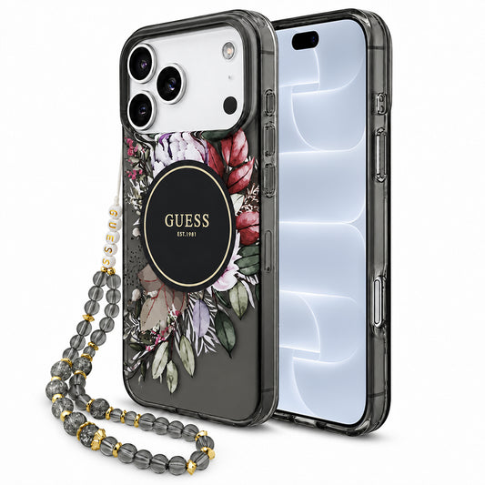 Калъф MagSafe за Apple iPhone 18 Pro / 17 Pro, Guess, IML Flowers with Pearl Strap, черен