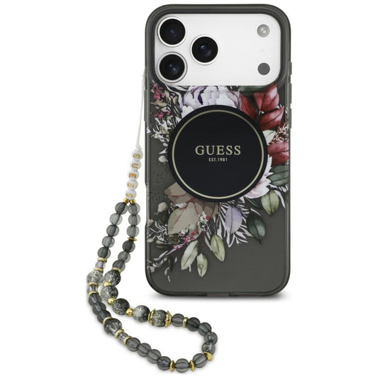 Калъф MagSafe за Apple iPhone 18 Pro / 17 Pro, Guess, IML Flowers with Pearl Strap, черен