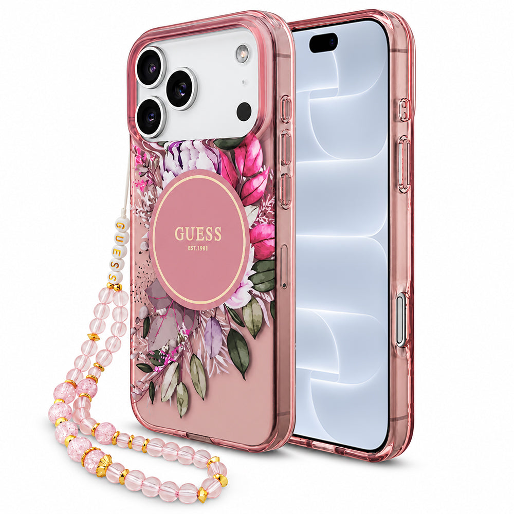 MagSafe Case for Apple iPhone 18 Pro / 17 Pro, Guess, IML Flowers with Pearl Strap, Pink