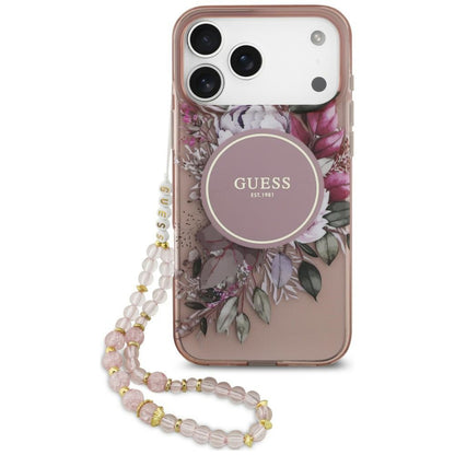 MagSafe Case for Apple iPhone 18 Pro / 17 Pro, Guess, IML Flowers with Pearl Strap, Pink