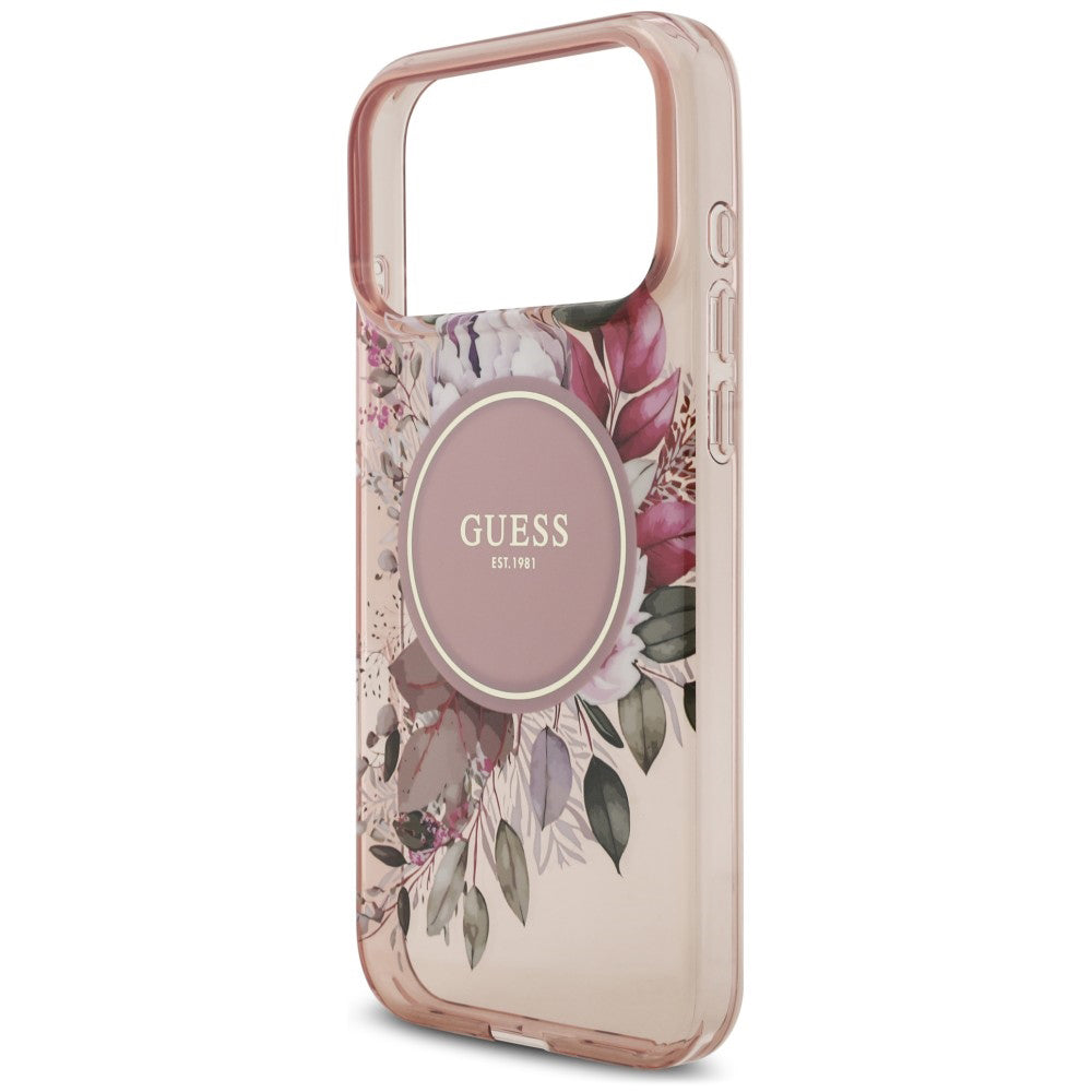 MagSafe Case for Apple iPhone 18 Pro / 17 Pro, Guess, IML Flowers with Pearl Strap, Pink
