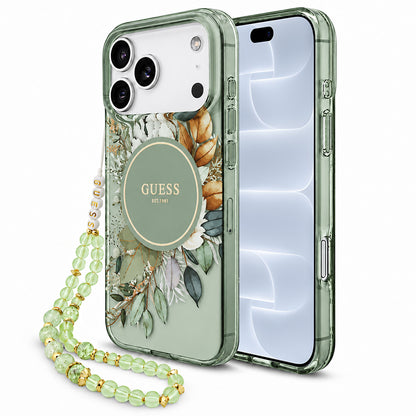 Калъф MagSafe за Apple iPhone 18 Pro / 17 Pro, Guess, IML Flowers with Pearl Strap, зелен