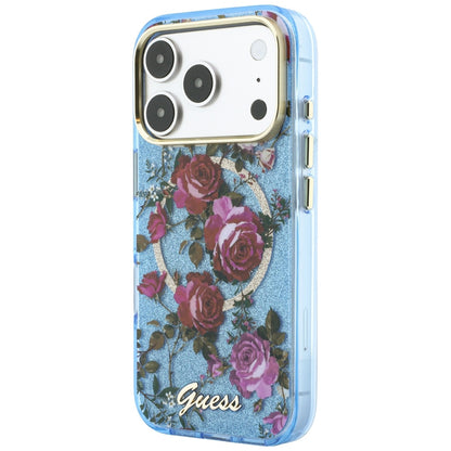Калъф MagSafe за Apple iPhone 18 Pro / 17 Pro, Guess, IML Glitter Blossom Roses, Bleu
