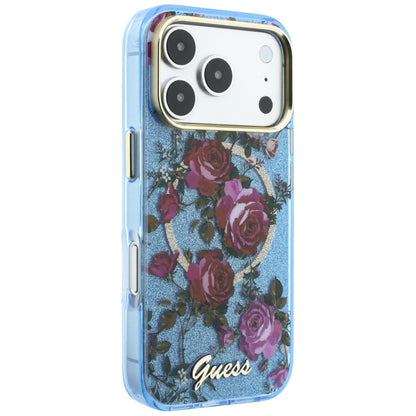 Калъф MagSafe за Apple iPhone 18 Pro / 17 Pro, Guess, IML Glitter Blossom Roses, Bleu