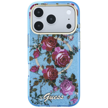 Калъф MagSafe за Apple iPhone 18 Pro / 17 Pro, Guess, IML Glitter Blossom Roses, Bleu