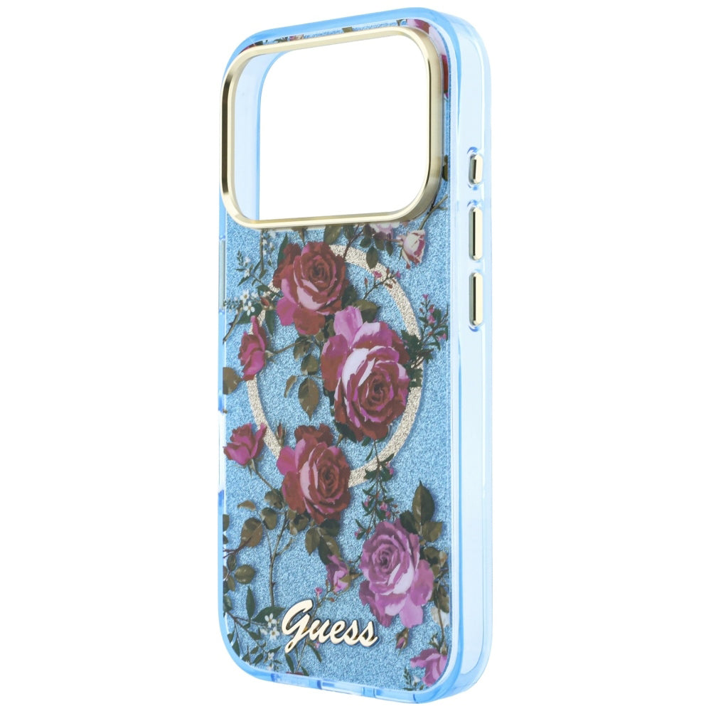 Калъф MagSafe за Apple iPhone 18 Pro / 17 Pro, Guess, IML Glitter Blossom Roses, Bleu