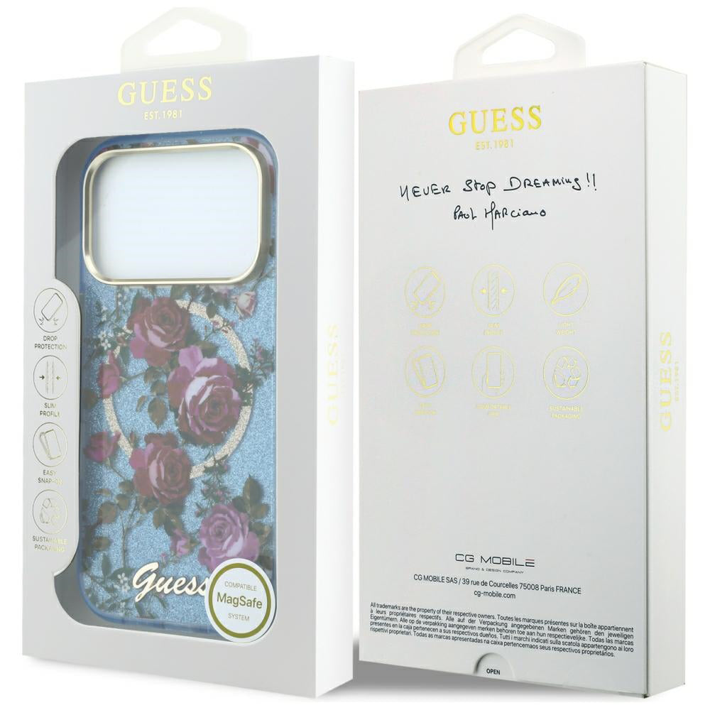Калъф MagSafe за Apple iPhone 18 Pro / 17 Pro, Guess, IML Glitter Blossom Roses, Bleu