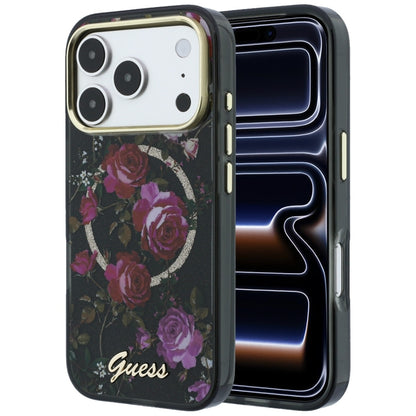 Калъф MagSafe за Apple iPhone 18 Pro / 17 Pro, Guess, IML Glitter Blossom Roses, Черен