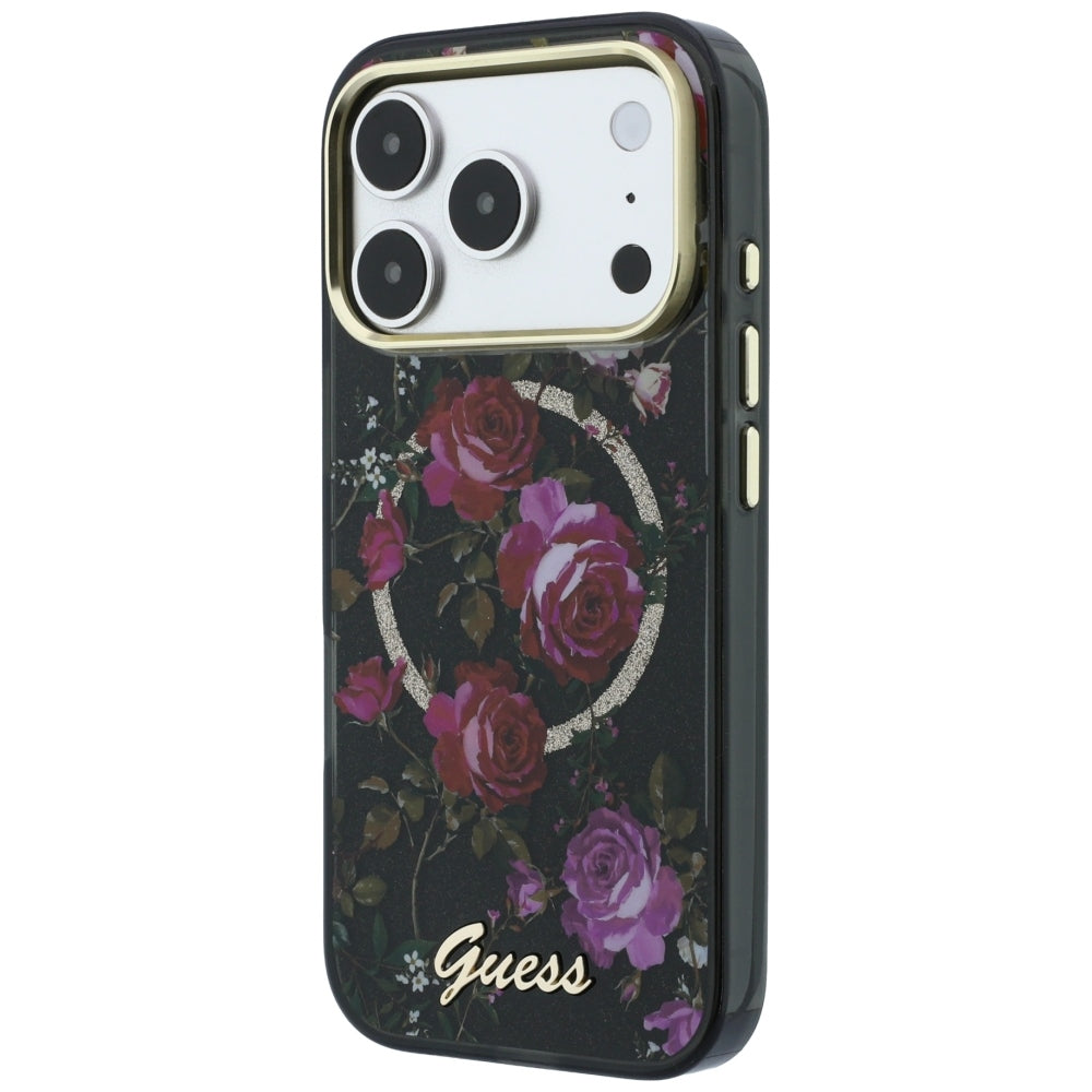 Калъф MagSafe за Apple iPhone 18 Pro / 17 Pro, Guess, IML Glitter Blossom Roses, Черен