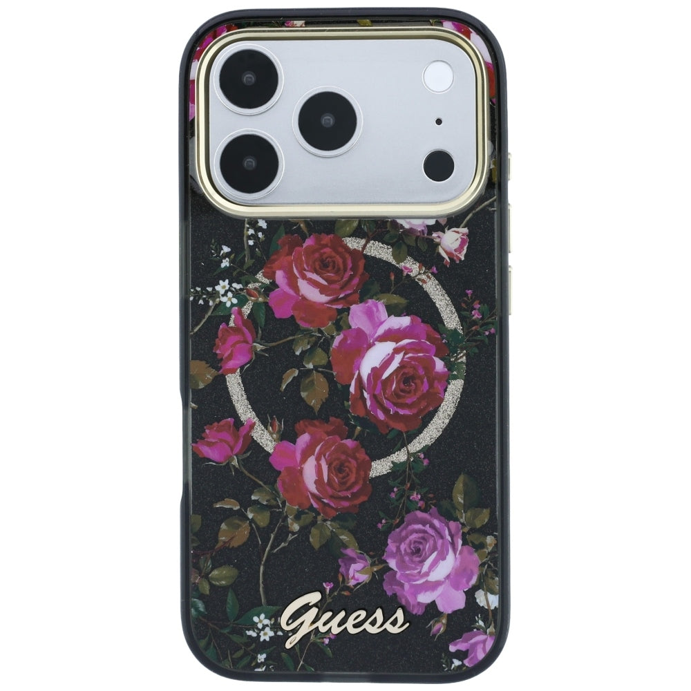 Калъф MagSafe за Apple iPhone 18 Pro / 17 Pro, Guess, IML Glitter Blossom Roses, Черен
