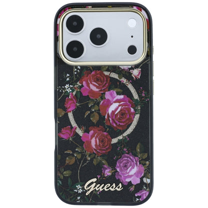 Калъф MagSafe за Apple iPhone 18 Pro / 17 Pro, Guess, IML Glitter Blossom Roses, Черен