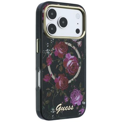 Калъф MagSafe за Apple iPhone 18 Pro / 17 Pro, Guess, IML Glitter Blossom Roses, Черен