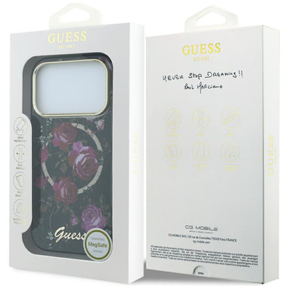 Калъф MagSafe за Apple iPhone 18 Pro / 17 Pro, Guess, IML Glitter Blossom Roses, Черен