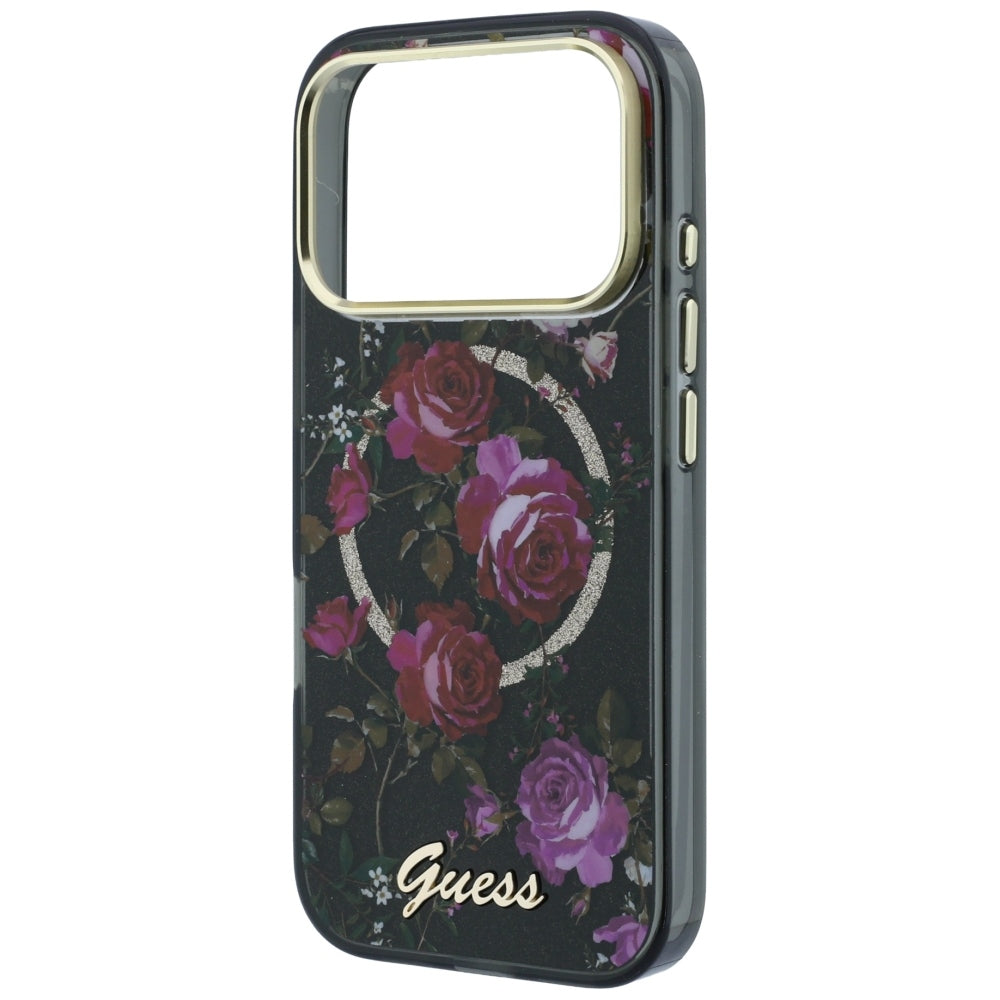 Калъф MagSafe за Apple iPhone 18 Pro / 17 Pro, Guess, IML Glitter Blossom Roses, Черен