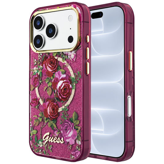 Калъф MagSafe за Apple iPhone 18 Pro / 17 Pro, Guess, IML Glitter Blossom Roses, Бордо