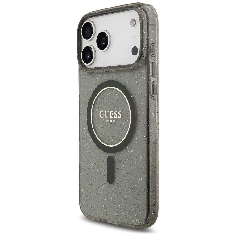 Калъф MagSafe за Apple iPhone 18 Pro / 17 Pro, Guess, IML Glitter with Pearl Strap, черен