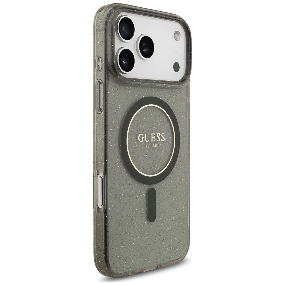 Калъф MagSafe за Apple iPhone 18 Pro / 17 Pro, Guess, IML Glitter with Pearl Strap, черен