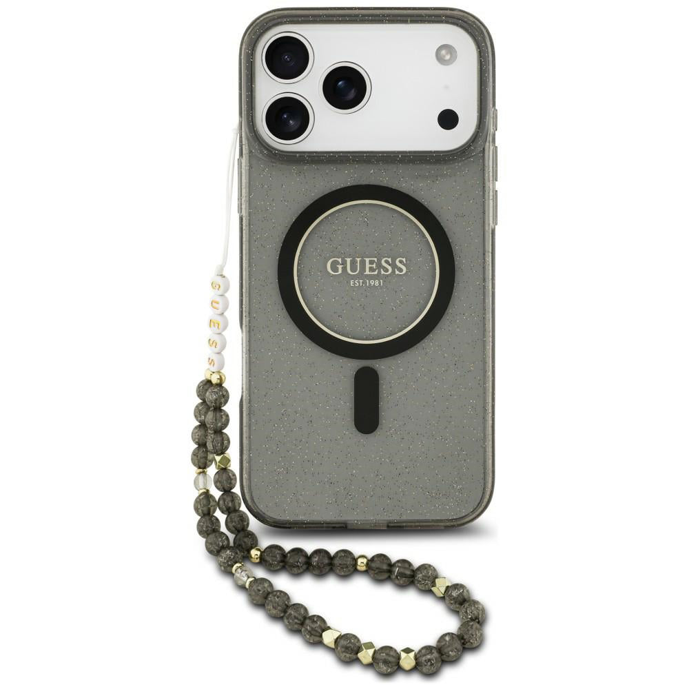 Калъф MagSafe за Apple iPhone 18 Pro / 17 Pro, Guess, IML Glitter with Pearl Strap, черен