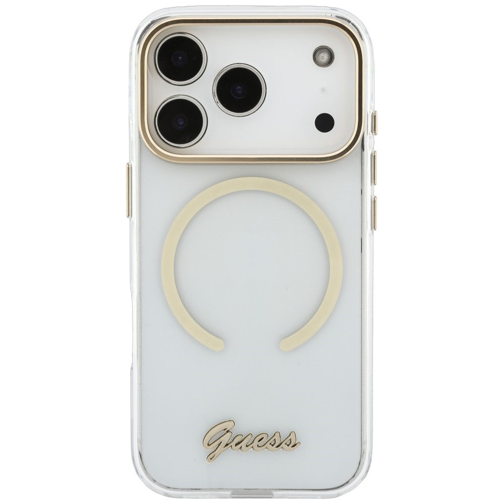 Калъф MagSafe за Apple iPhone 18 Pro / 17 Pro, Guess, IML Script Metal, прозрачен