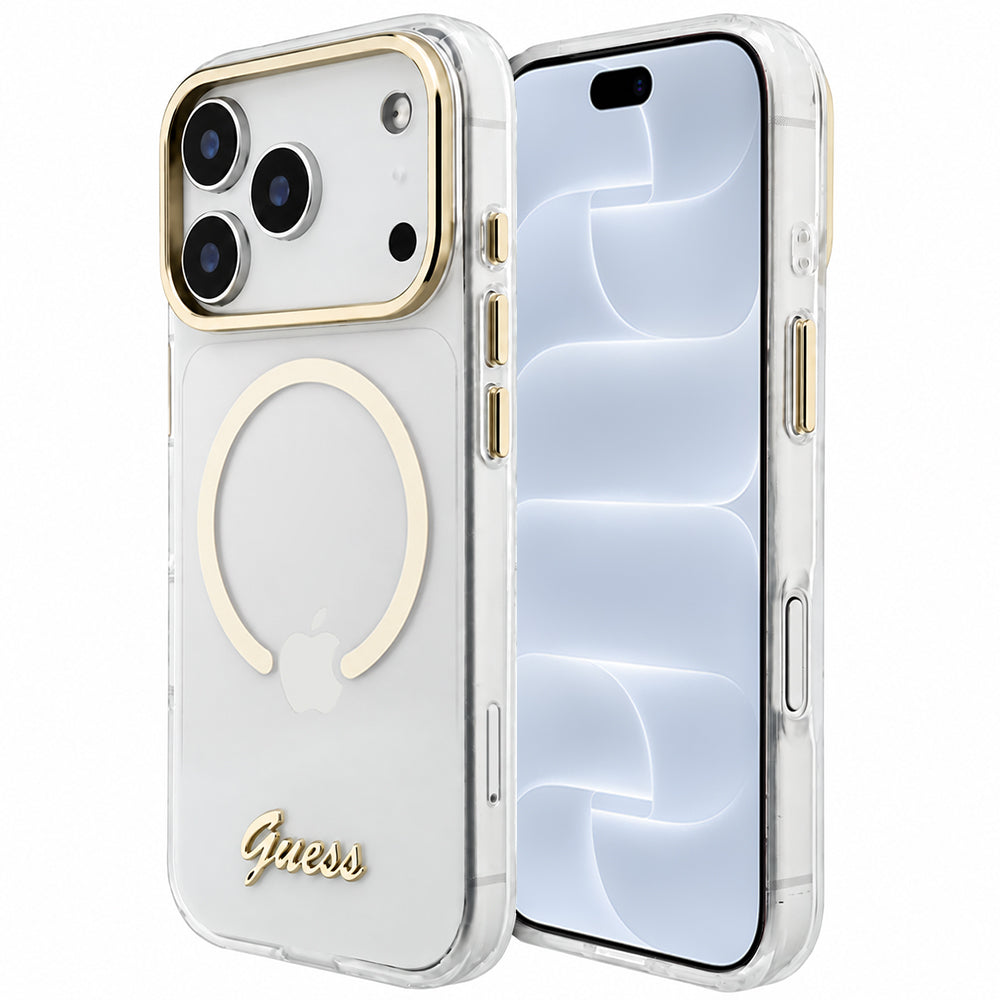 Калъф MagSafe за Apple iPhone 18 Pro / 17 Pro, Guess, IML Script Metal, прозрачен