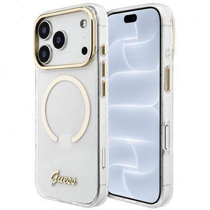 Калъф MagSafe за Apple iPhone 18 Pro / 17 Pro, Guess, IML Script Metal, прозрачен