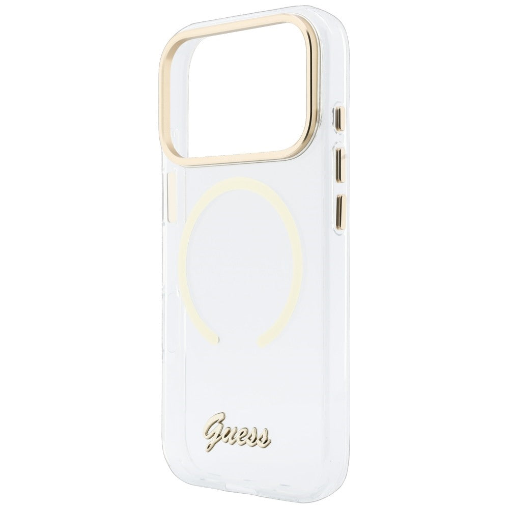 Калъф MagSafe за Apple iPhone 18 Pro / 17 Pro, Guess, IML Script Metal, прозрачен