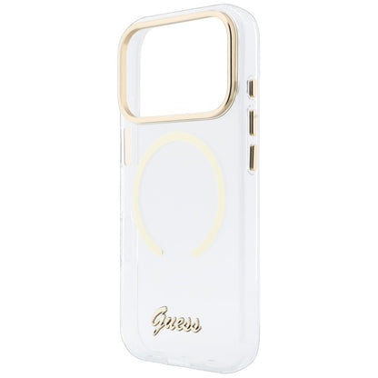 Калъф MagSafe за Apple iPhone 18 Pro / 17 Pro, Guess, IML Script Metal, прозрачен