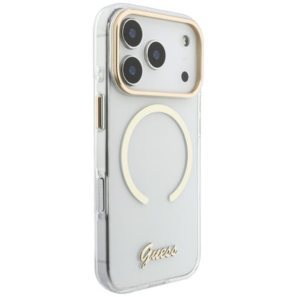 Калъф MagSafe за Apple iPhone 18 Pro / 17 Pro, Guess, IML Script Metal, прозрачен