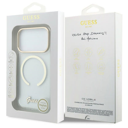 Калъф MagSafe за Apple iPhone 18 Pro / 17 Pro, Guess, IML Script Metal, прозрачен