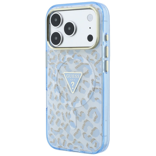Калъф MagSafe за Apple iPhone 18 Pro / 17 Pro, Guess, Leopard Glitter Triangle Logo, Bleu