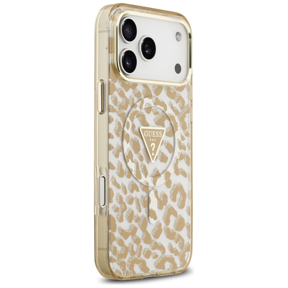 Калъф MagSafe за Apple iPhone 18 Pro / 17 Pro, Guess, Leopard Glitter Triangle Logo, Кафяв