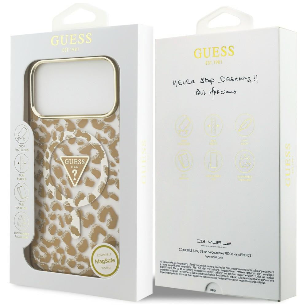 Калъф MagSafe за Apple iPhone 18 Pro / 17 Pro, Guess, Leopard Glitter Triangle Logo, Кафяв