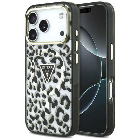 Калъф MagSafe за Apple iPhone 18 Pro / 17 Pro, Guess, Leopard Glitter Triangle Logo, Черен
