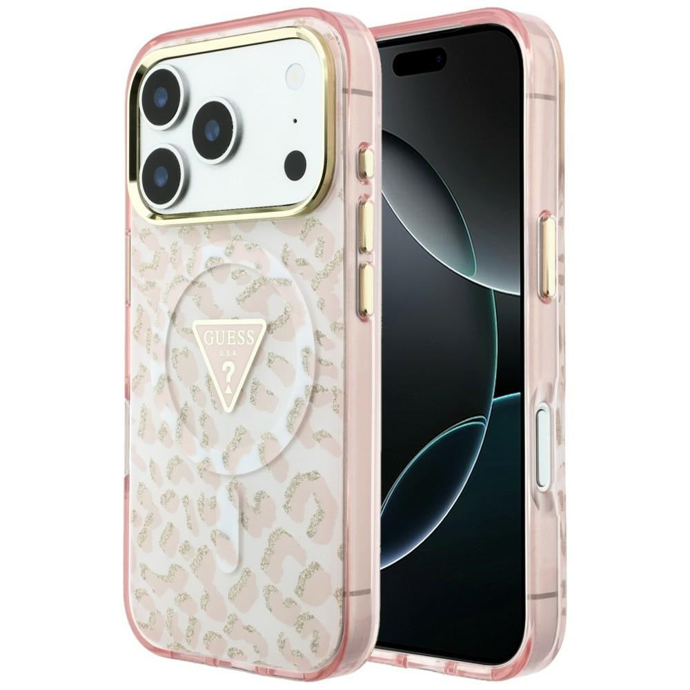 Калъф MagSafe за Apple iPhone 18 Pro / 17 Pro, Guess, Leopard Glitter Triangle Logo, Розов
