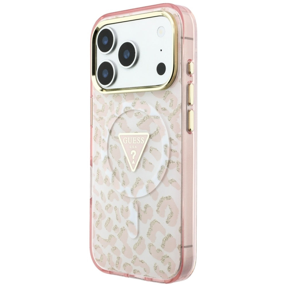 Калъф MagSafe за Apple iPhone 18 Pro / 17 Pro, Guess, Leopard Glitter Triangle Logo, Розов