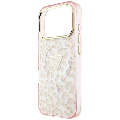 Калъф MagSafe за Apple iPhone 18 Pro / 17 Pro, Guess, Leopard Glitter Triangle Logo, Розов