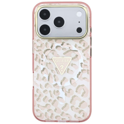 Калъф MagSafe за Apple iPhone 18 Pro / 17 Pro, Guess, Leopard Glitter Triangle Logo, Розов