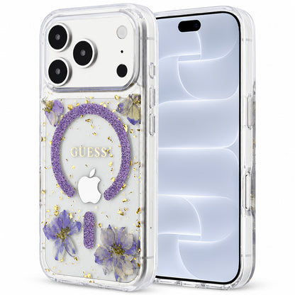 Калъф MagSafe за Apple iPhone 18 Pro / 17 Pro, Guess, Resin Flowers and Glitter, Лилав