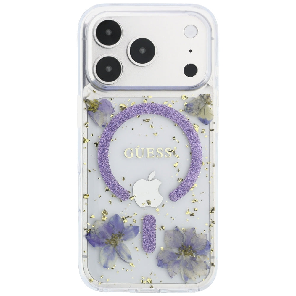 Калъф MagSafe за Apple iPhone 18 Pro / 17 Pro, Guess, Resin Flowers and Glitter, Лилав