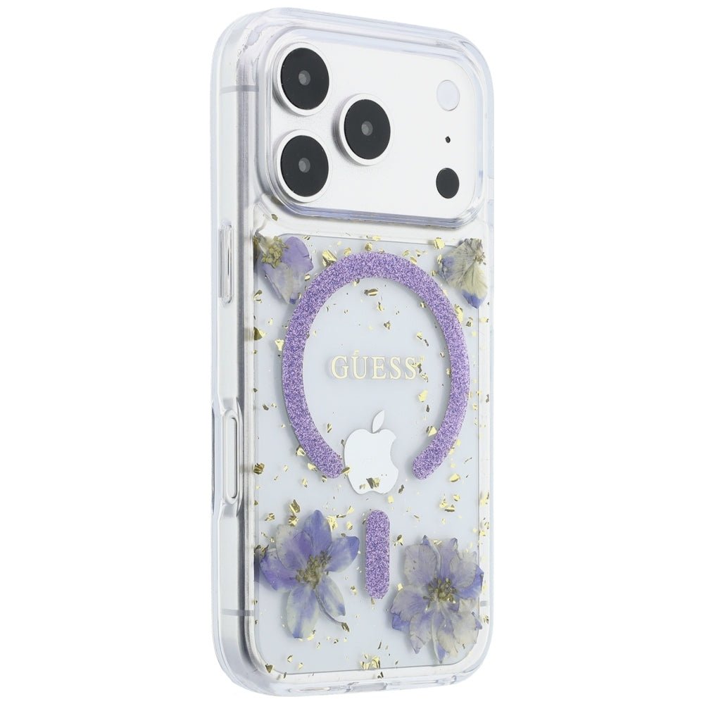 Калъф MagSafe за Apple iPhone 18 Pro / 17 Pro, Guess, Resin Flowers and Glitter, Лилав