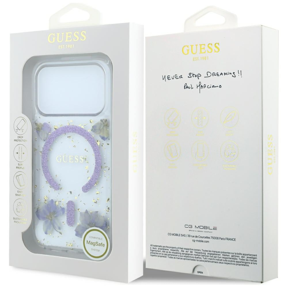 Калъф MagSafe за Apple iPhone 18 Pro / 17 Pro, Guess, Resin Flowers and Glitter, Лилав