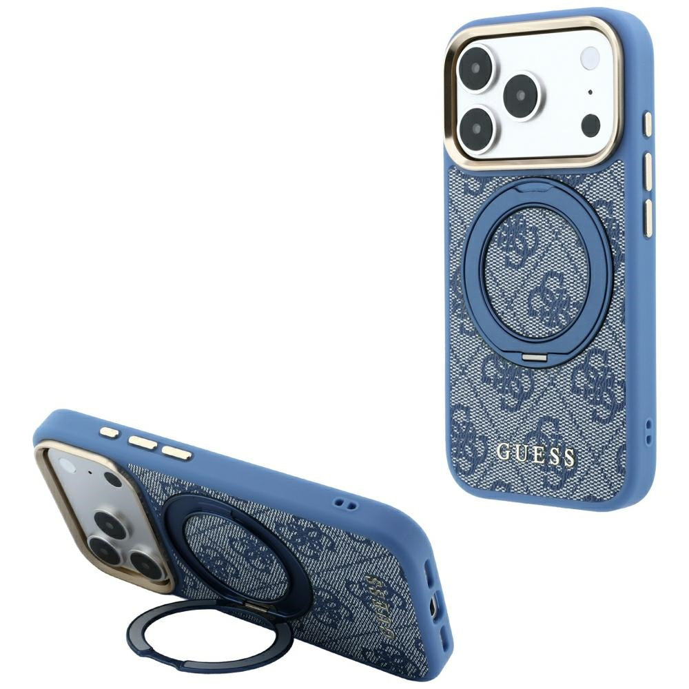 Калъф MagSafe за Apple iPhone 18 Pro / 17 Pro, Guess, Ring Stand 360 4G Classic Logo, Син